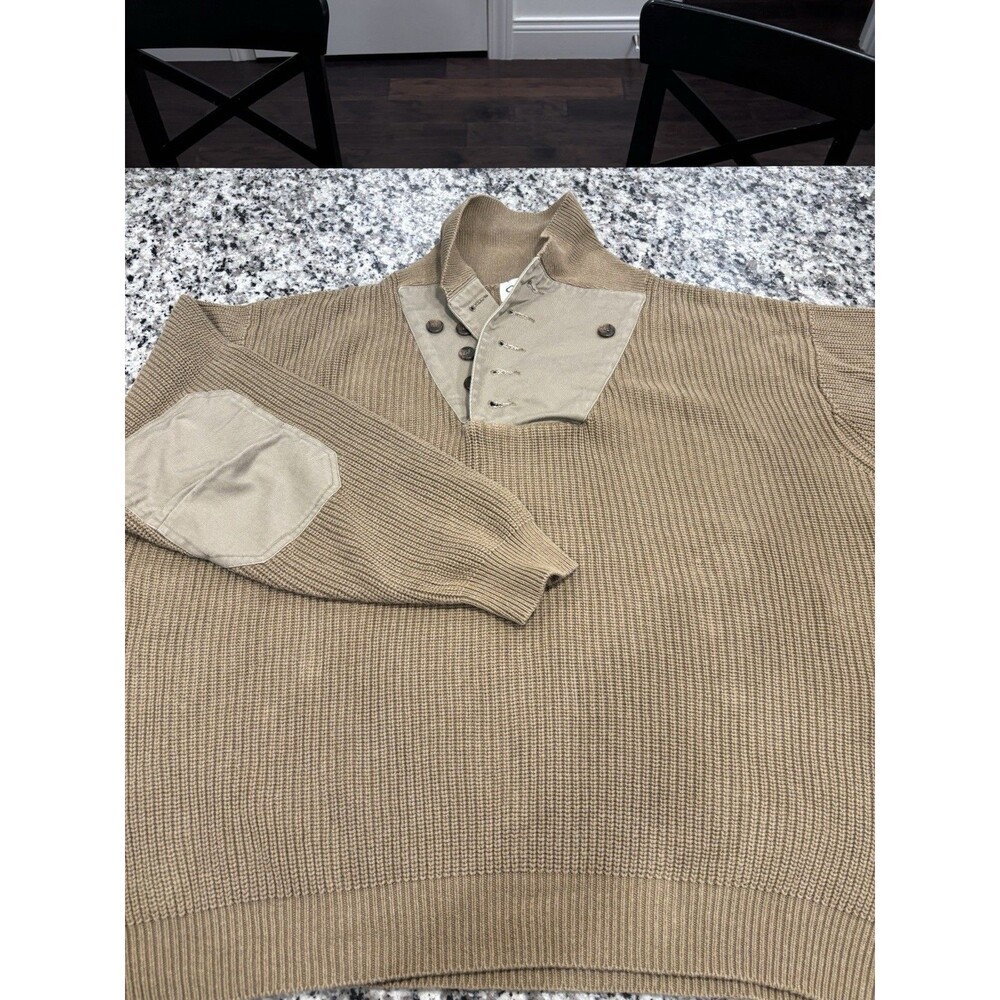 Orvis Sweater Mens Size XXL 2XL Khaki Military Shawl Elbow Patches
